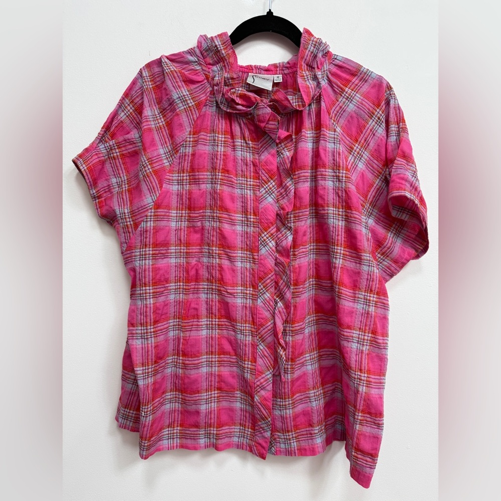 Finley Pink and Orange Plaid Blouse, size medium, EUC